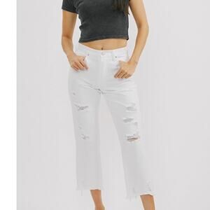 KanCan Straight Fit Cropped Non Stretch High Rise Distressed White Jean 28